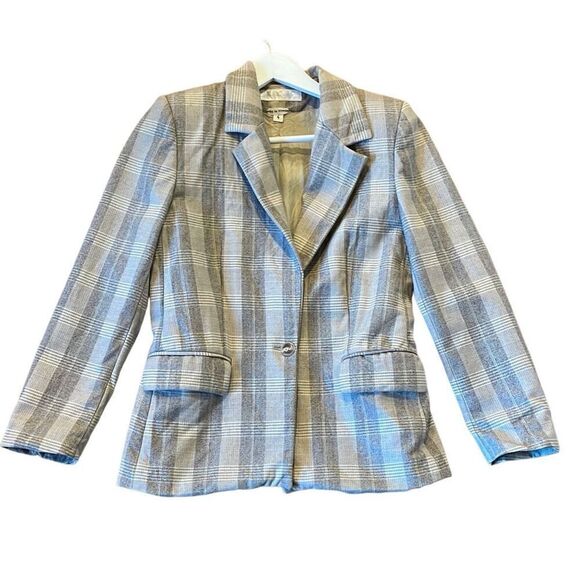 Gloria Vanderbilt vintage 100% wool grey plaid single button blazer - Picture 1 of 9